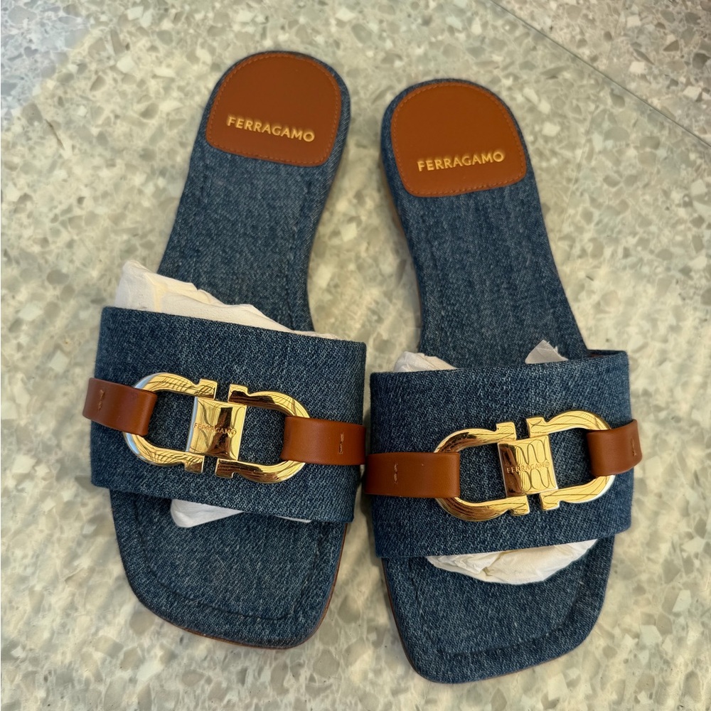 Salvatore Ferragamo Blue and Brown Sandals